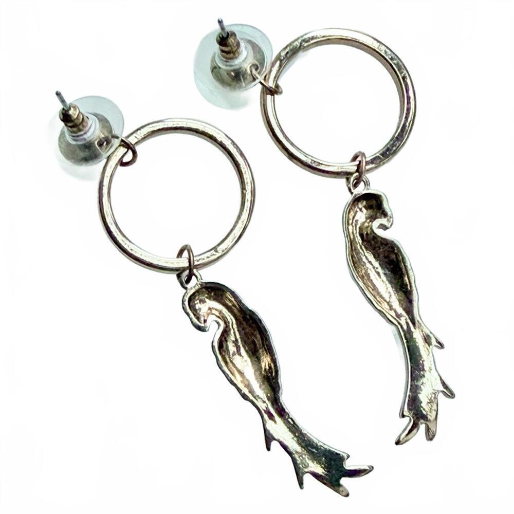 Y2K Tropical Enamel Parrot Drop Earrings Gold Hoop 2.75” Statement - Picture 3 of 6